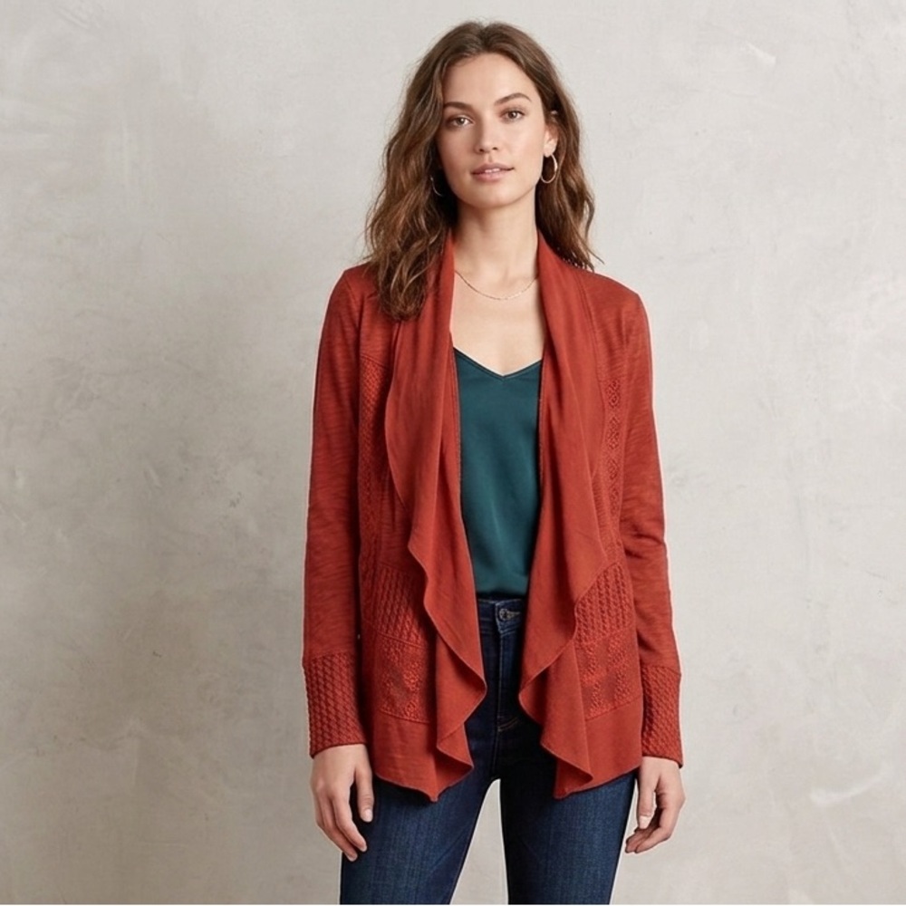 ANTHROPOLOGIE Meadow Rue Rust Cardigan with Ruffles and Lace